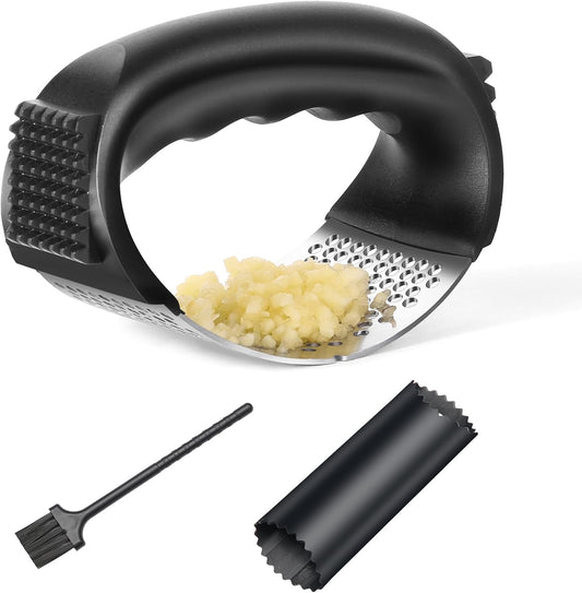 Garlic Crusher with Stainless Steel Press, A brand-new, cutting-edge garlic chopper that combines a brush and peeler to crush garlic