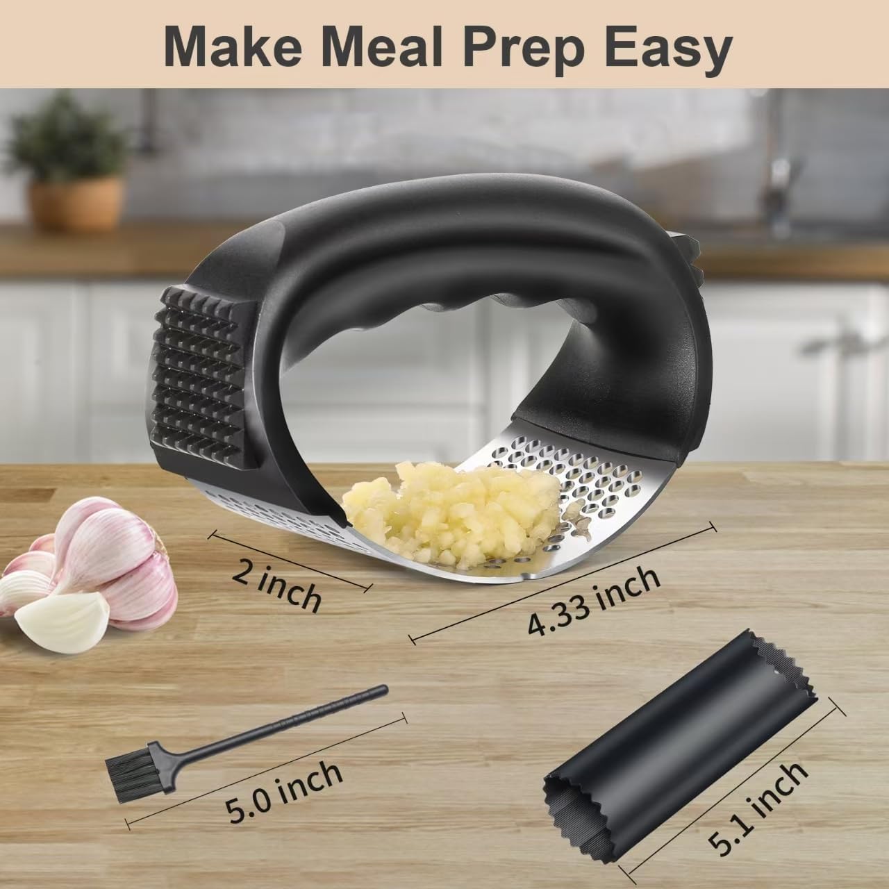 Garlic Crusher with Stainless Steel Press, A brand-new, cutting-edge garlic chopper that combines a brush and peeler to crush garlic