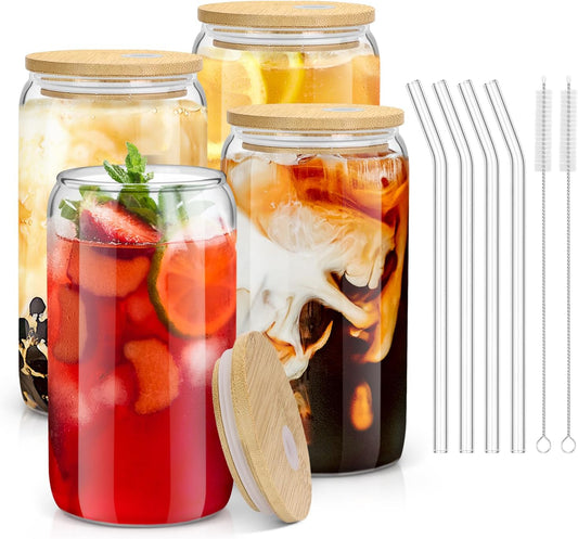 Clear glass tumblers for beer, cocktails, tea, and lattes, 16-ounce iced coffee cups, drinking cups with wooden lids, and glass cups with bamboo lids and straws