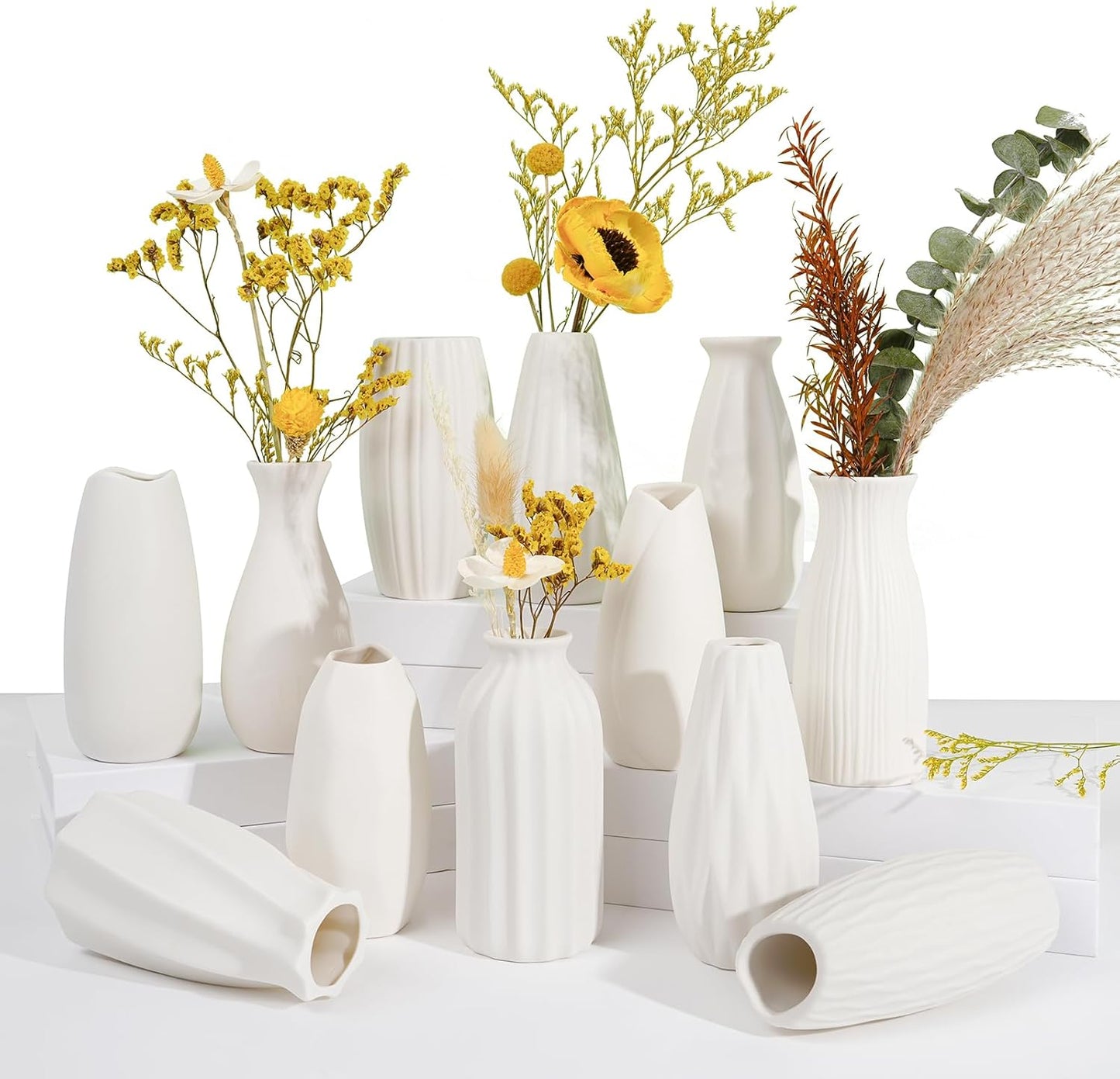 12pcs White Ceramic Bud Vases for Centerpieces Little Flower Vases Pampas Mini Ceramic Vase Bulk Grass Vases for Wedding Table Accents Decorating DIY Bohemian Home Decor Gift