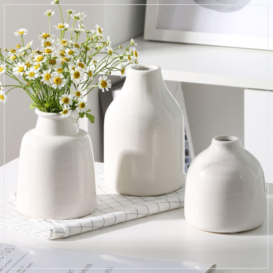 Ceramic Vases for Centerpieces, Small White Vase Set of Three for Contemporary Home Decor White Flower Vases for Weddings, Dinner Parties, and Living Rooms