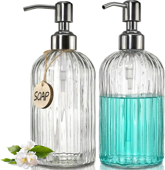 Two-piece 18-ounce glass soap dispenser with a rust-proof stainless steel pump, vertically striped refillable hand soap dispenser, and high-end bathroom and kitchen soap dispenser