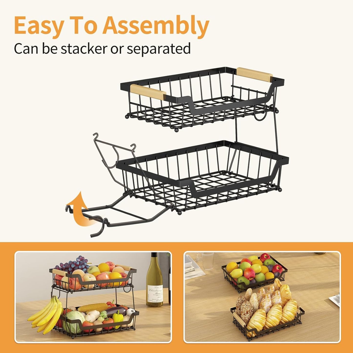 2 Tier Countertop Fruit Basket with 2 Banana Hangers for Kitchen, Detachable Metal Organizer for Bread Vegetable Fruits with Wooden Handle, Large Capacity Rectangular Storage Stand Bowls, Black