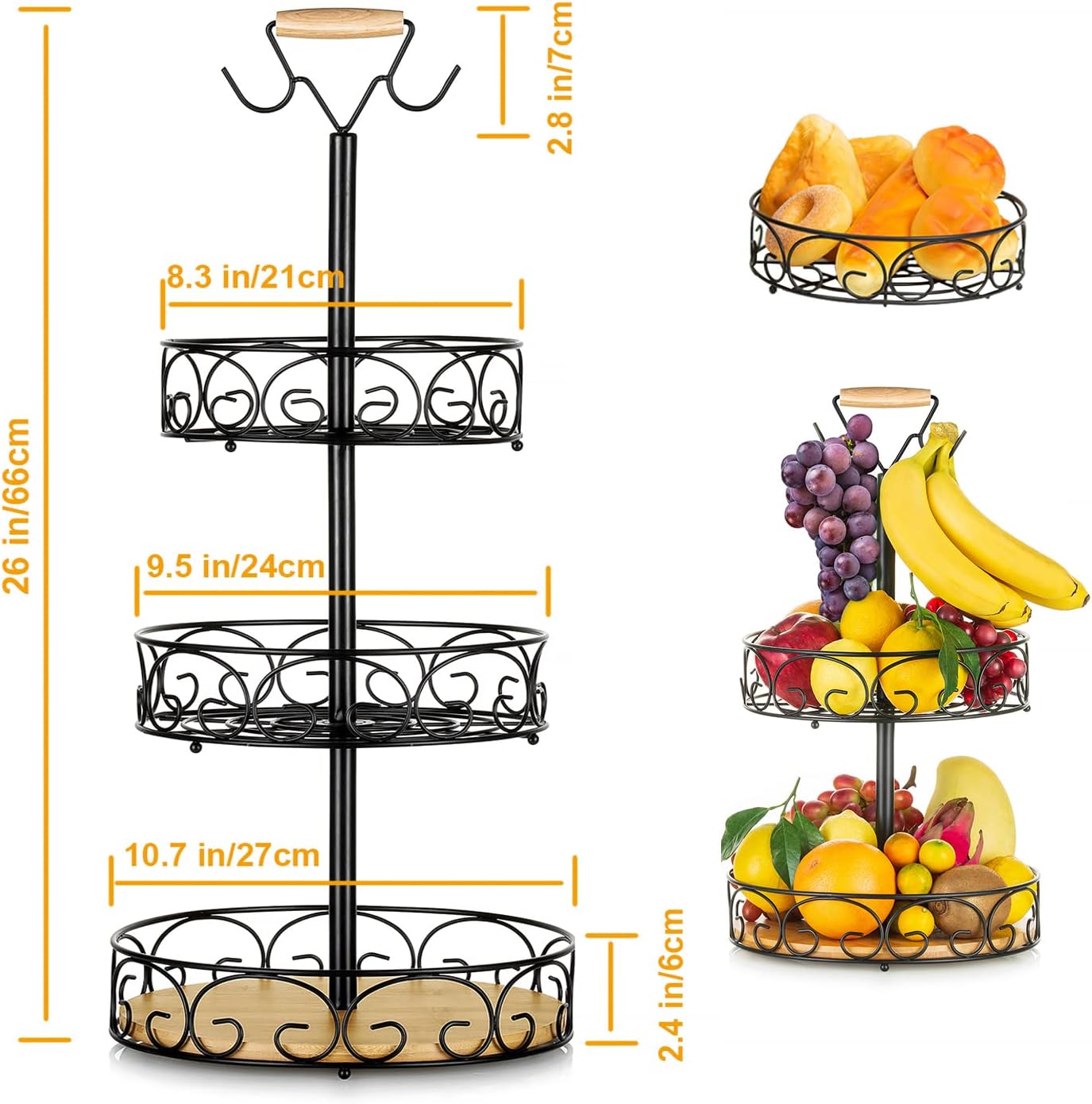 Fruit Basket, Vegetable Countertop Bowl Storage 3-Tier Bamboo & Iron Fruit Tray with Banana Hanger, Detachable Bread, and Snack Baskets