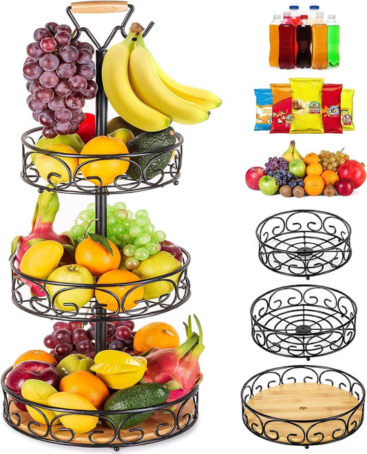 Fruit Basket, Vegetable Countertop Bowl Storage 3-Tier Bamboo & Iron Fruit Tray with Banana Hanger, Detachable Bread, and Snack Baskets