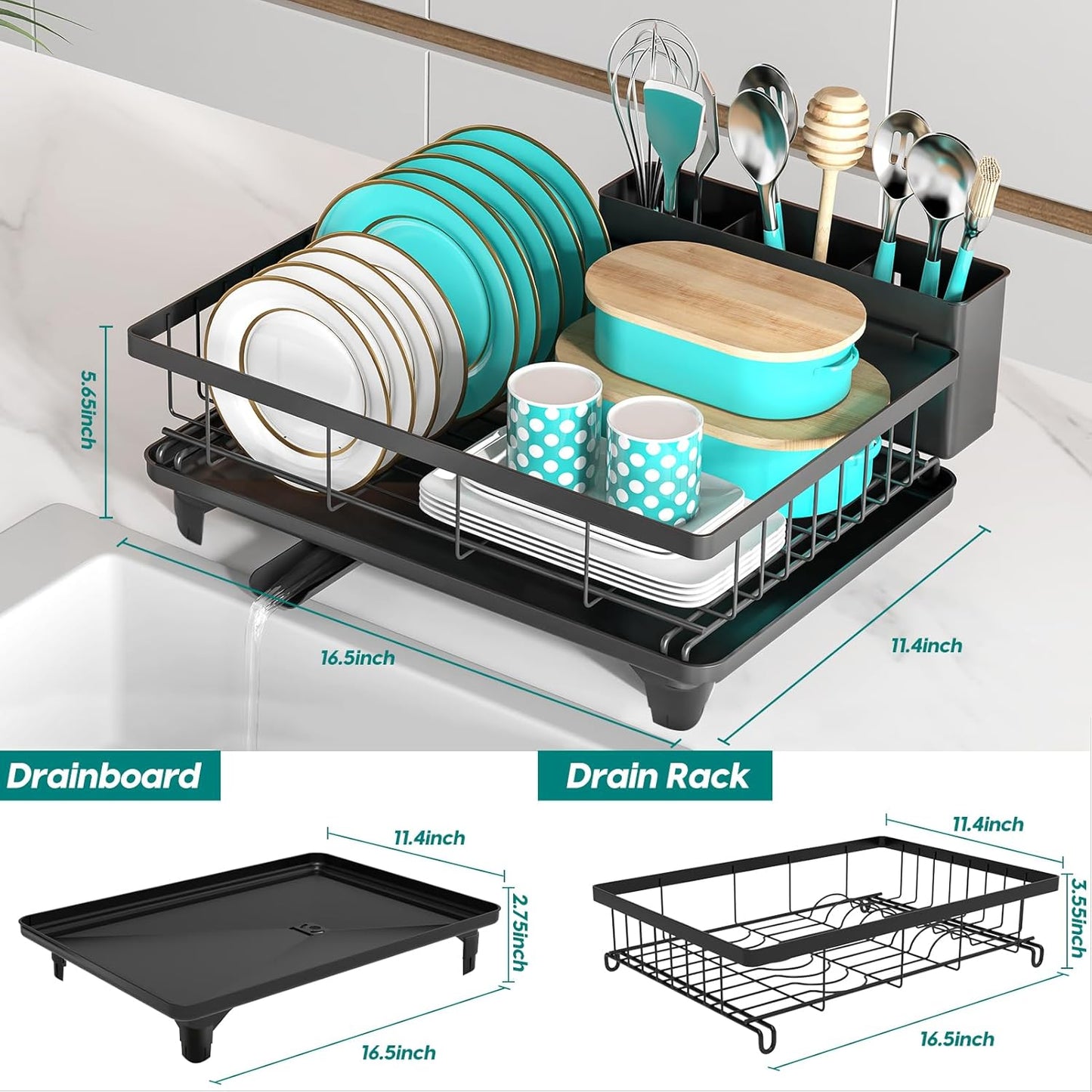 Large Capacity 2-Tier Dish Drying Rack Multipurpose Rustproof Kitchen Counter Drainers with Drainboard Leak-Proof Spout, Big Cup Holder, and Utensil Holder in Black