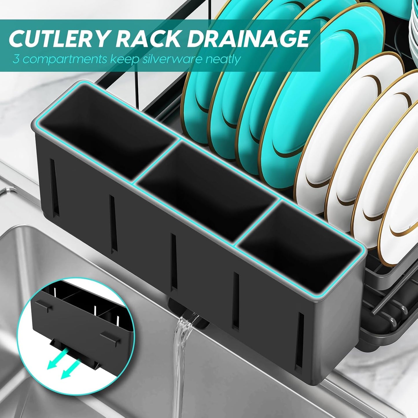 Large Capacity 2-Tier Dish Drying Rack Multipurpose Rustproof Kitchen Counter Drainers with Drainboard Leak-Proof Spout, Big Cup Holder, and Utensil Holder in Black