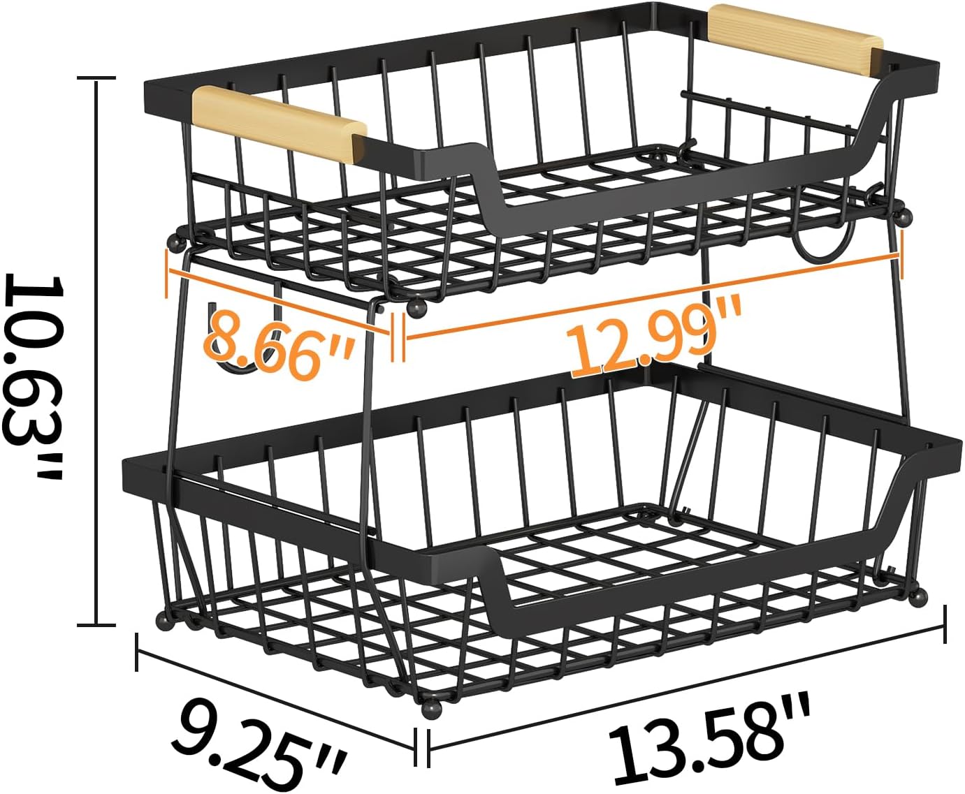 2 Tier Countertop Fruit Basket with 2 Banana Hangers for Kitchen, Detachable Metal Organizer for Bread Vegetable Fruits with Wooden Handle, Large Capacity Rectangular Storage Stand Bowls, Black