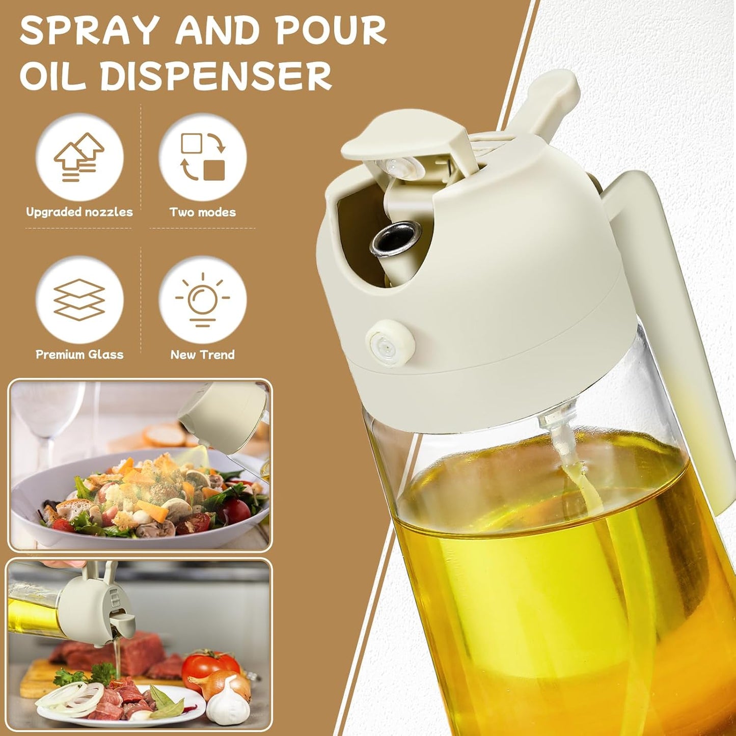 Cooking Oil Sprayer 2 pcs of multipurpose oil dispenser and oil sprayer kitchen gadgets (16 oz glass oil spray bottle) air fryer, salad, grill, and mist olive oil dispenser (white kitchen accessories)