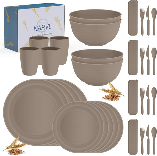 16-piece sets of wheat straw dinnerware that are unbreakable, safe to use in the microwave and dishwasher, lightweight, reusable, essentials for a dorm room, and come with four dishes in desert taupe