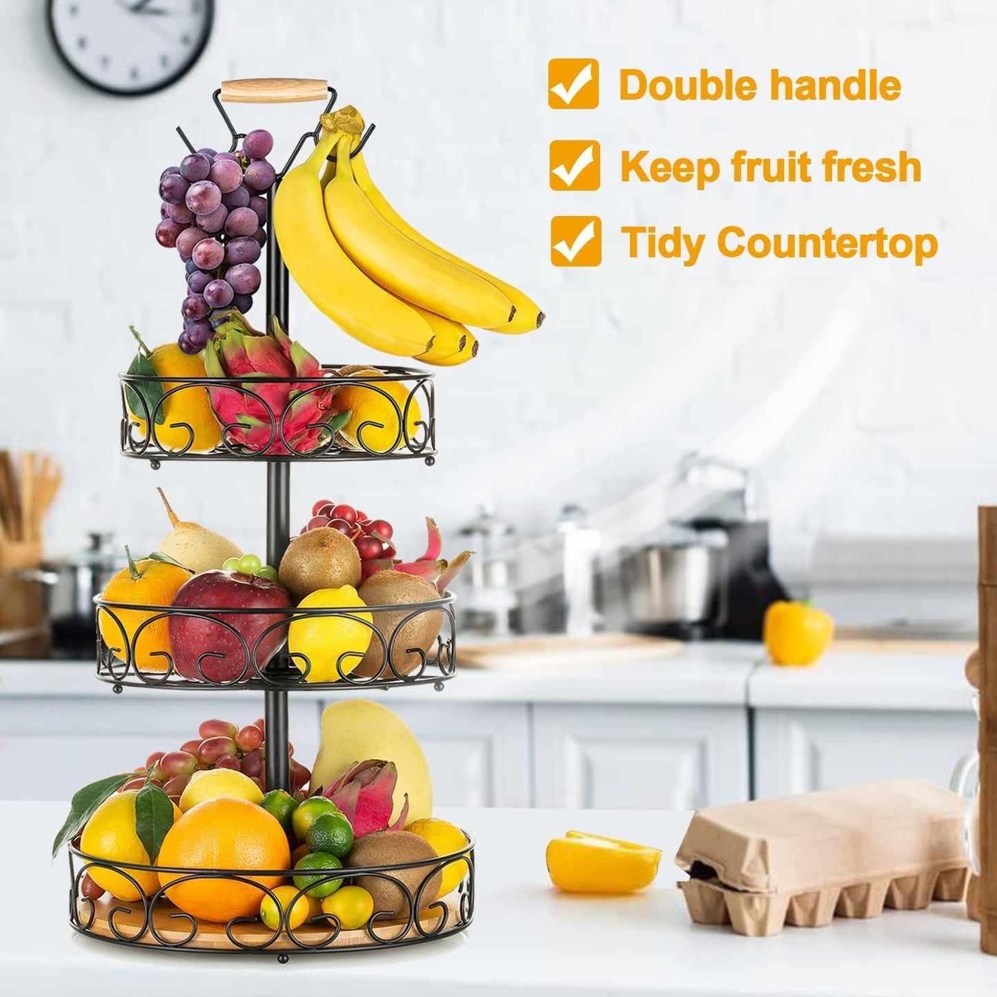 Fruit Basket, Vegetable Countertop Bowl Storage 3-Tier Bamboo & Iron Fruit Tray with Banana Hanger, Detachable Bread, and Snack Baskets