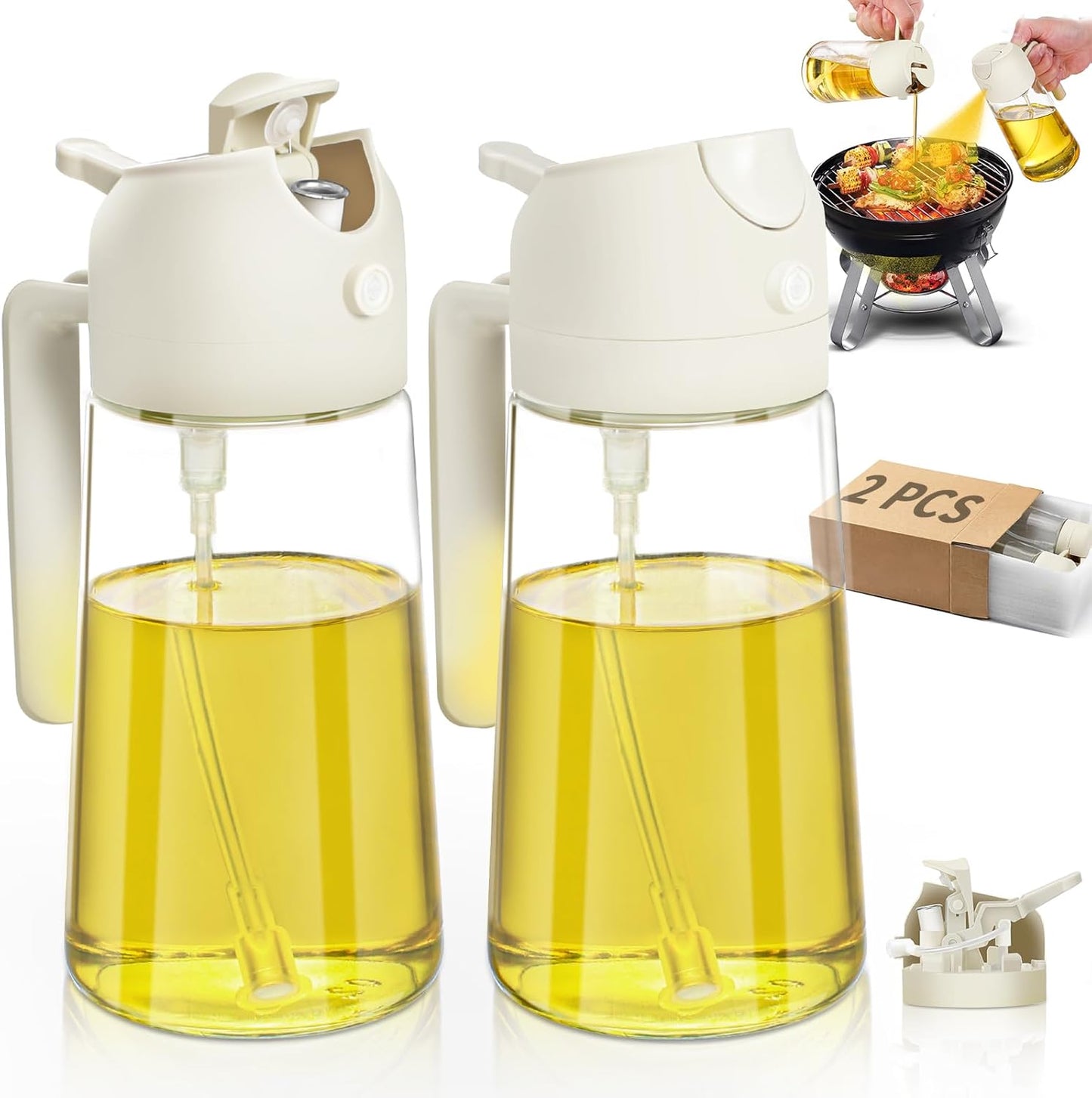 Cooking Oil Sprayer 2 pcs of multipurpose oil dispenser and oil sprayer kitchen gadgets (16 oz glass oil spray bottle) air fryer, salad, grill, and mist olive oil dispenser (white kitchen accessories)