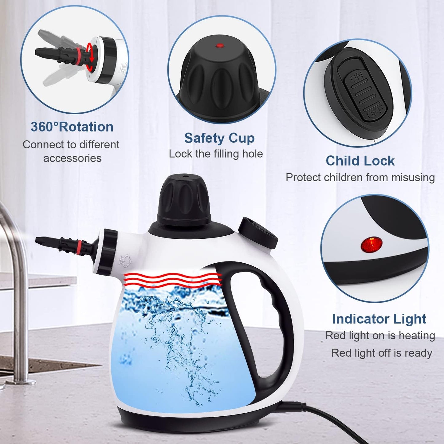 Handheld steam cleaner, home steam cleaner with ten accessory kits, multifunctional portable steamer for cleaning upholstery with a safety lock to get rid of grease, grime, and more