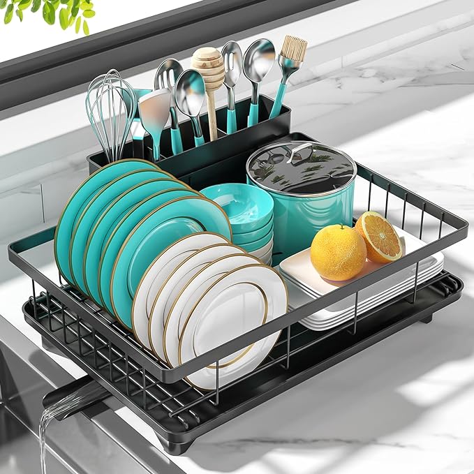 Large Capacity 2-Tier Dish Drying Rack Multipurpose Rustproof Kitchen Counter Drainers with Drainboard Leak-Proof Spout, Big Cup Holder, and Utensil Holder in Black