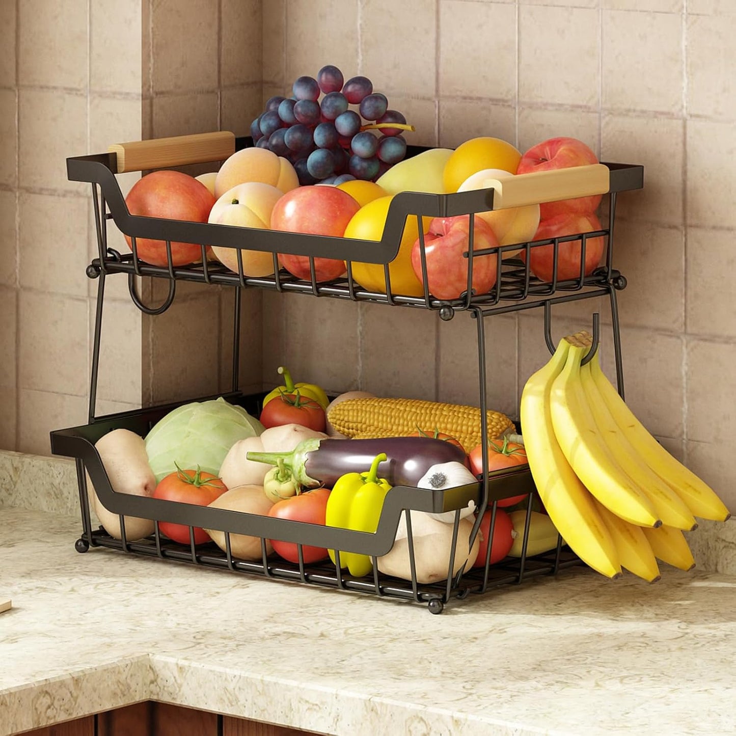 2 Tier Countertop Fruit Basket with 2 Banana Hangers for Kitchen, Detachable Metal Organizer for Bread Vegetable Fruits with Wooden Handle, Large Capacity Rectangular Storage Stand Bowls, Black