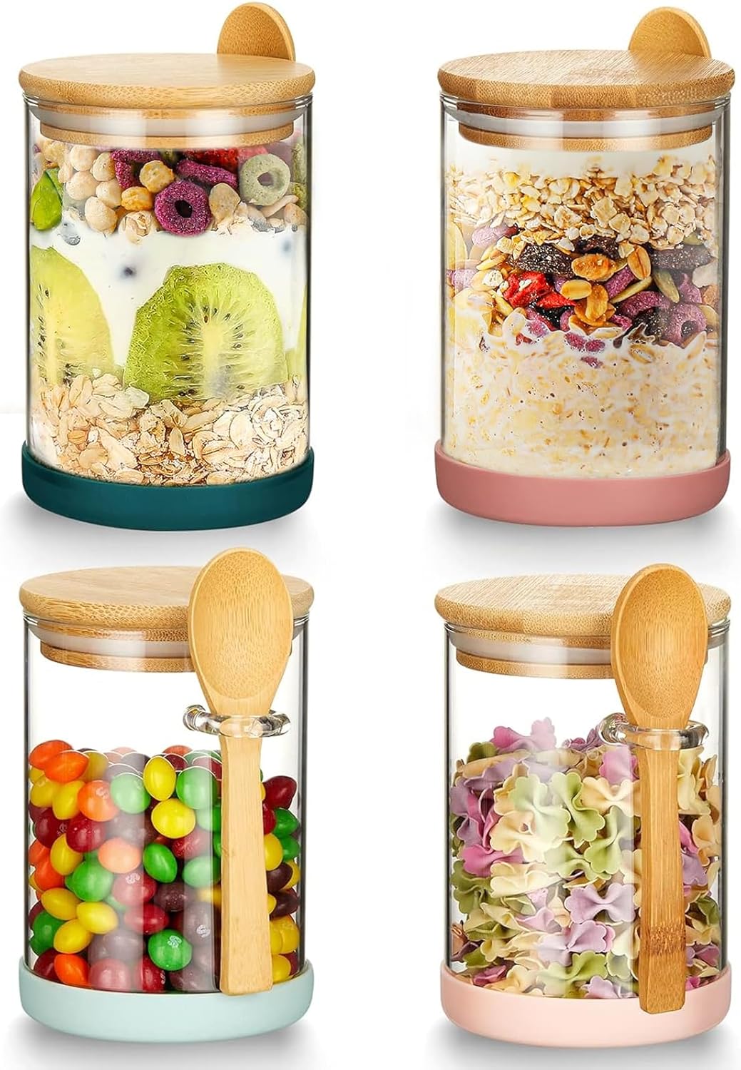 Clear food storage canister for cookies, candy, coffee, sugar, matcha tea, flour, and 17 oz containers of borosilicate overnight oats with lids, set of four airtight glass jars with bamboo lids and spoons