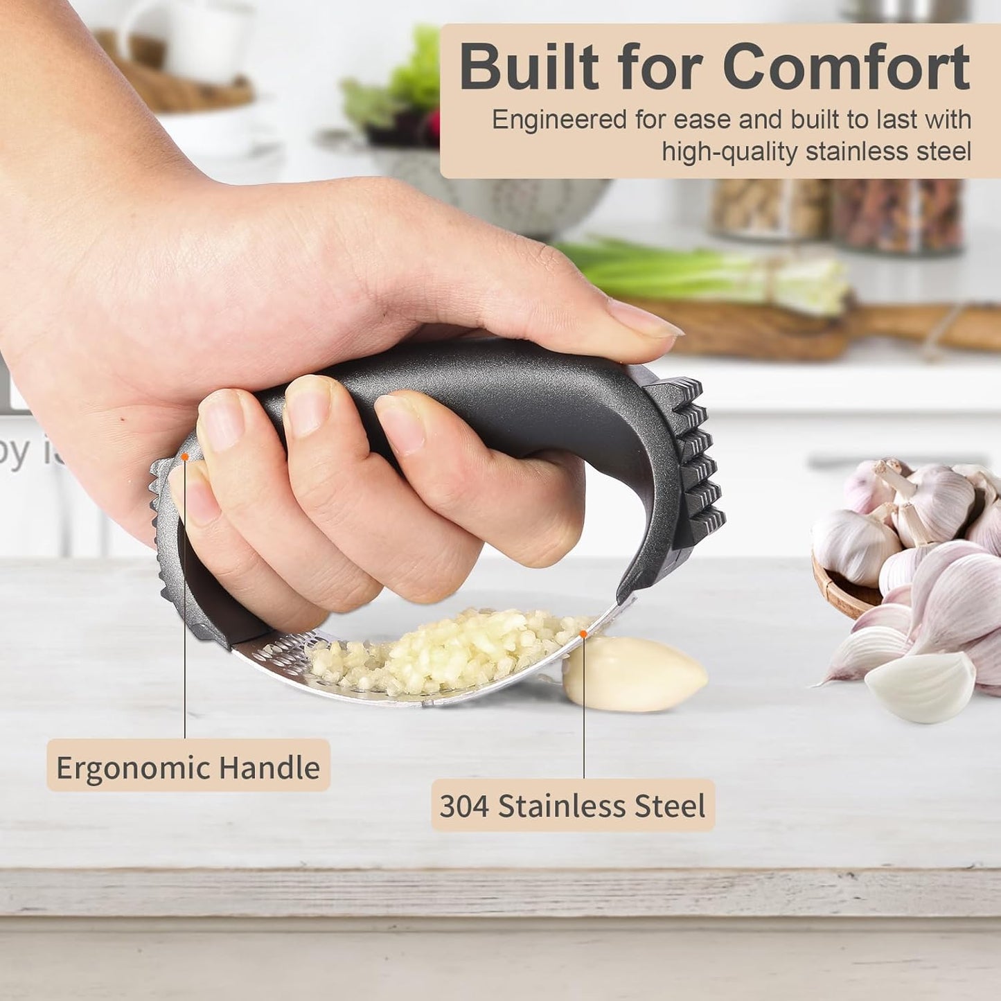 Garlic Crusher with Stainless Steel Press, A brand-new, cutting-edge garlic chopper that combines a brush and peeler to crush garlic