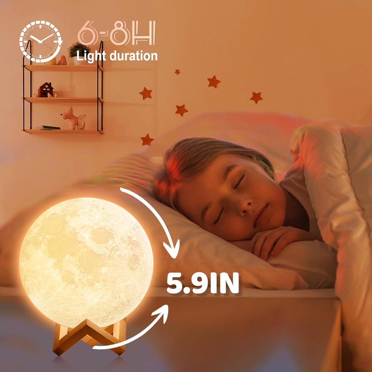 5.9-inch rechargeable moon lamp with 3D moon lights for bedrooms that may be used as stocking stuffers for children, adults, and women as well as night lights for kids.