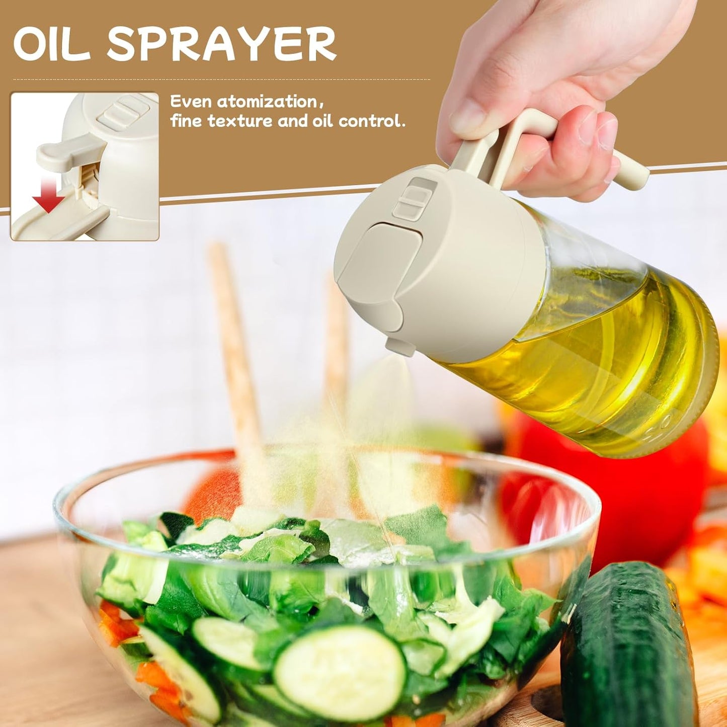 Cooking Oil Sprayer 2 pcs of multipurpose oil dispenser and oil sprayer kitchen gadgets (16 oz glass oil spray bottle) air fryer, salad, grill, and mist olive oil dispenser (white kitchen accessories)