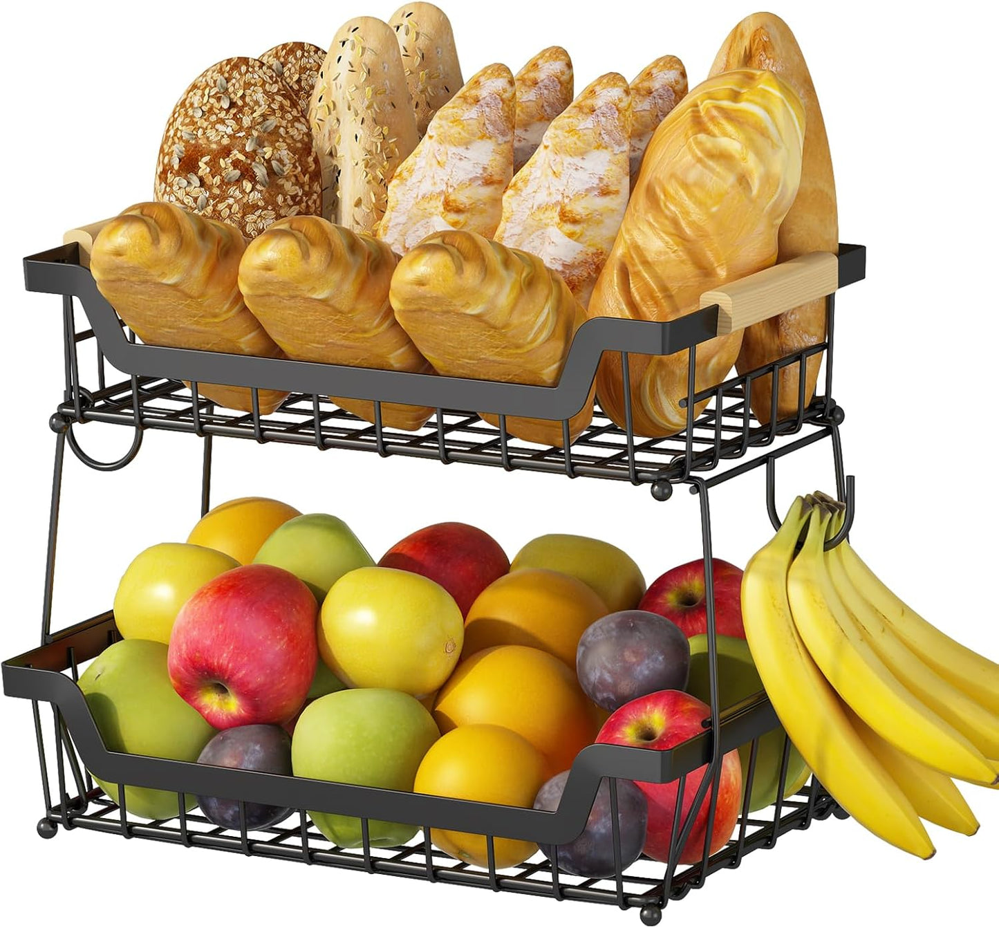 2 Tier Countertop Fruit Basket with 2 Banana Hangers for Kitchen, Detachable Metal Organizer for Bread Vegetable Fruits with Wooden Handle, Large Capacity Rectangular Storage Stand Bowls, Black