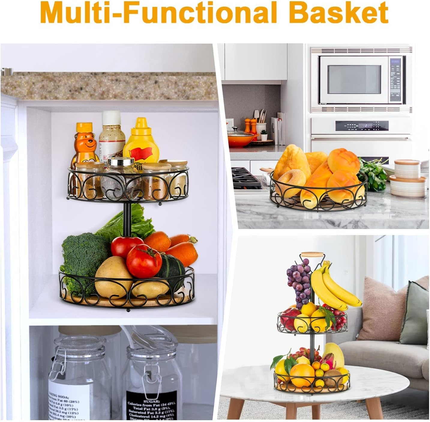 Fruit Basket, Vegetable Countertop Bowl Storage 3-Tier Bamboo & Iron Fruit Tray with Banana Hanger, Detachable Bread, and Snack Baskets