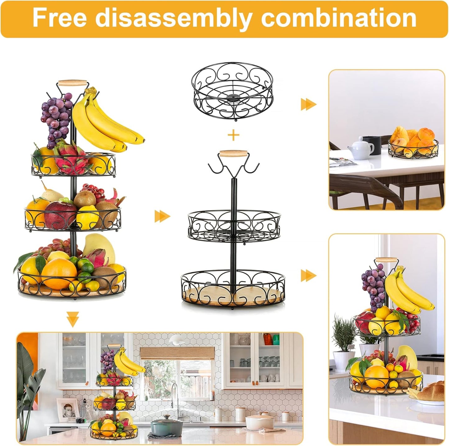 Fruit Basket, Vegetable Countertop Bowl Storage 3-Tier Bamboo & Iron Fruit Tray with Banana Hanger, Detachable Bread, and Snack Baskets