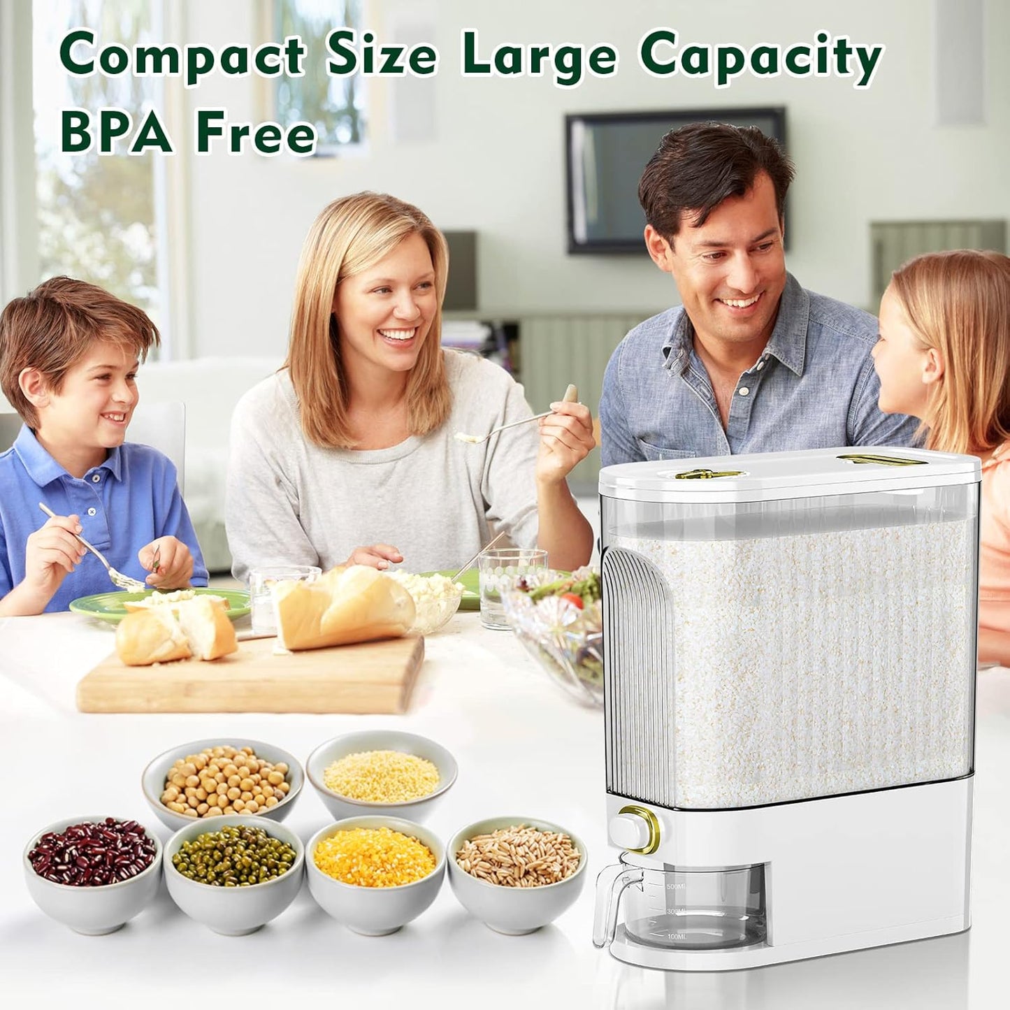 Large Dry Grain Storage Container with Measuring Cup and Time Scale, 22 LBS/10KG Rice Dispenser, Food Storage Room and Kitchen Organizing Food Storage Container for Dry Grain-White