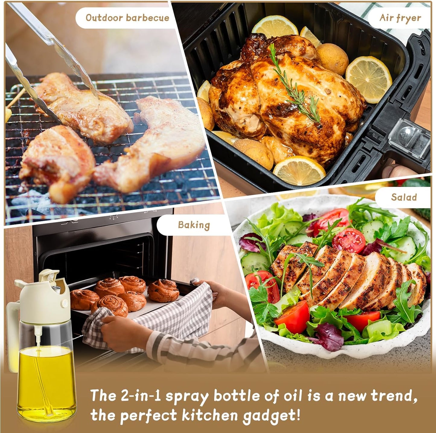 Cooking Oil Sprayer 2 pcs of multipurpose oil dispenser and oil sprayer kitchen gadgets (16 oz glass oil spray bottle) air fryer, salad, grill, and mist olive oil dispenser (white kitchen accessories)