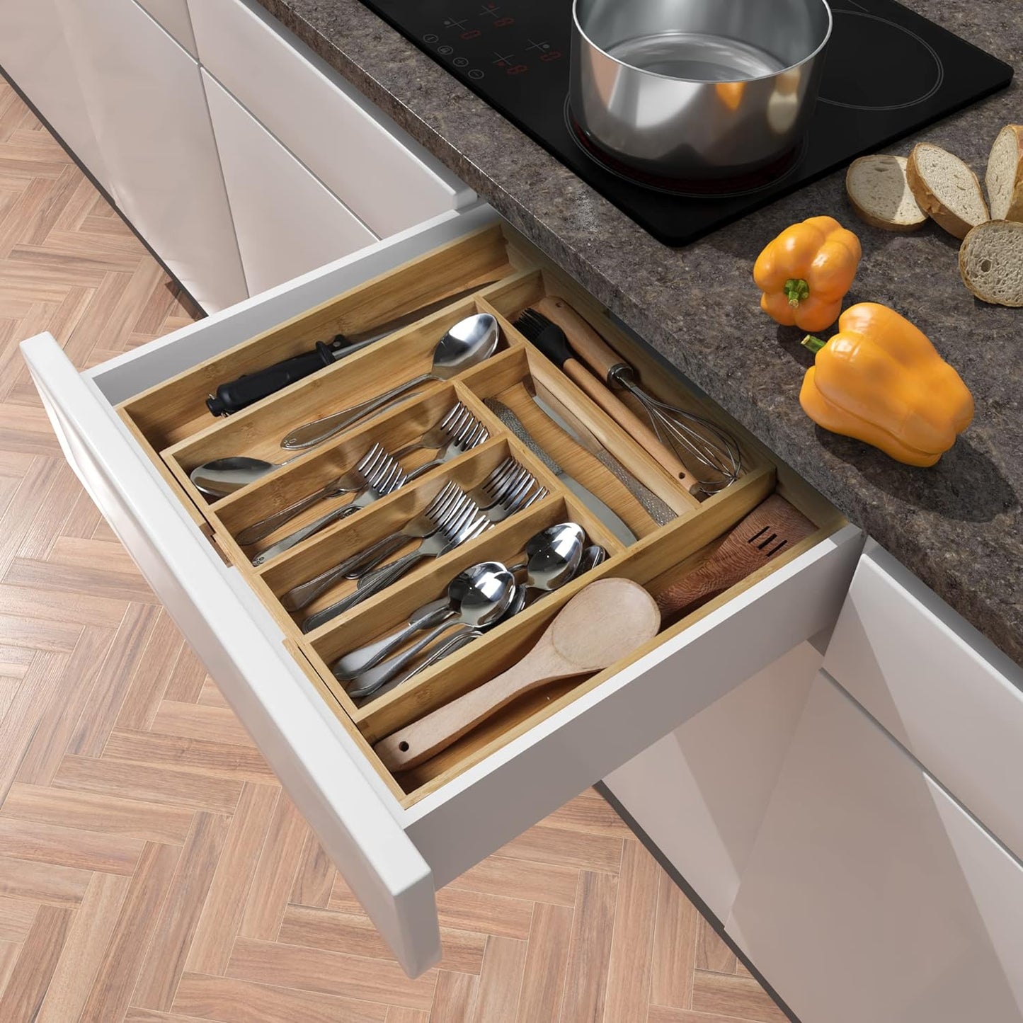 Wood Drawer Dividers Organizer for Silverware, Flatware, and Knives in the Kitchen, Bedroom, and Living Room; Bamboo Expandable Drawer Organizer for Utensils Holder; Adjustable Cutlery Tray